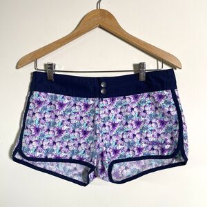 Doo Australia Women’s Floral Swim Board Shorts Size Small Blue Purple Pocket Y2K
